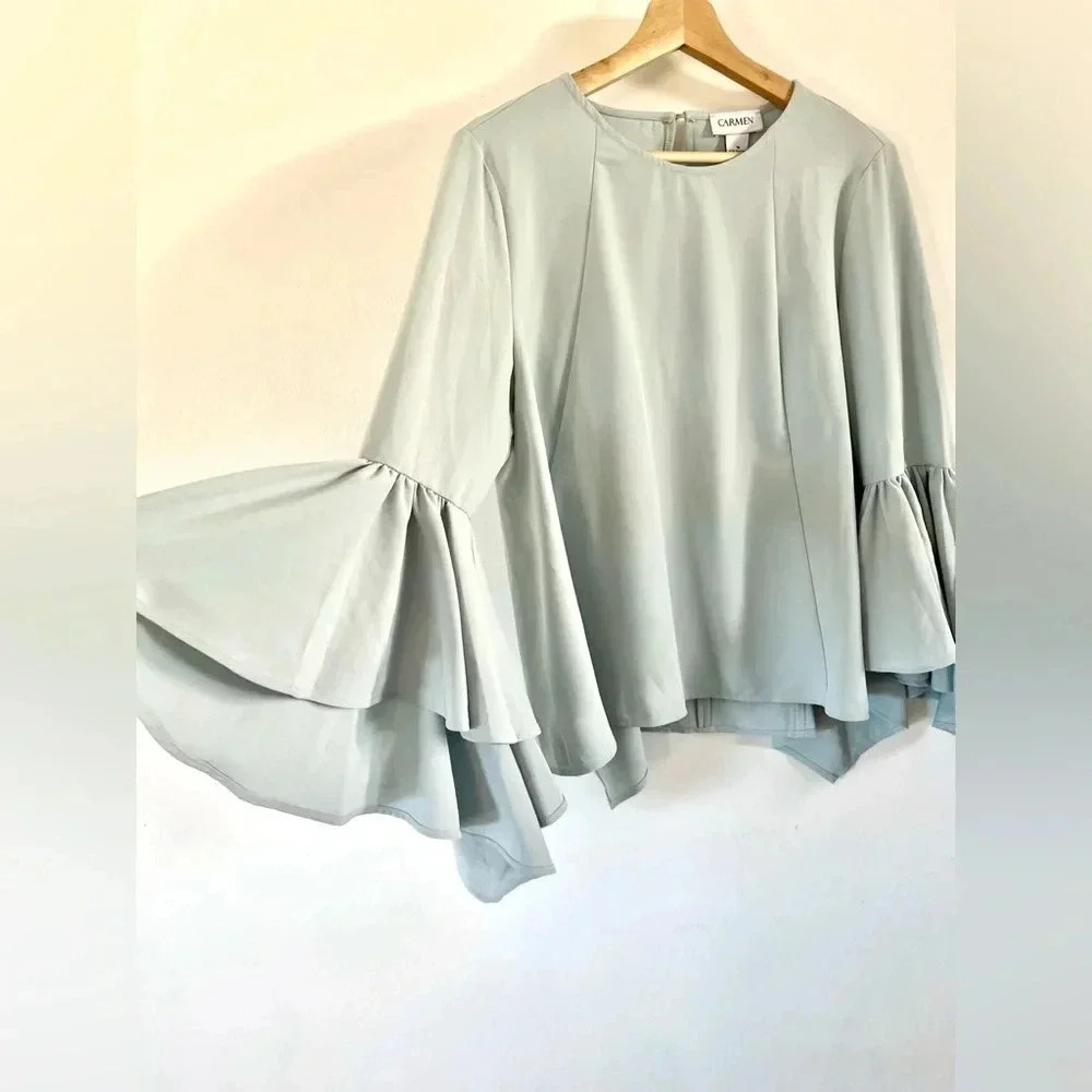 Carmen Marc Valvo Blue Long Flowy Bell Sleeve Haven Blouse Size Medium - Picture 3 of 10